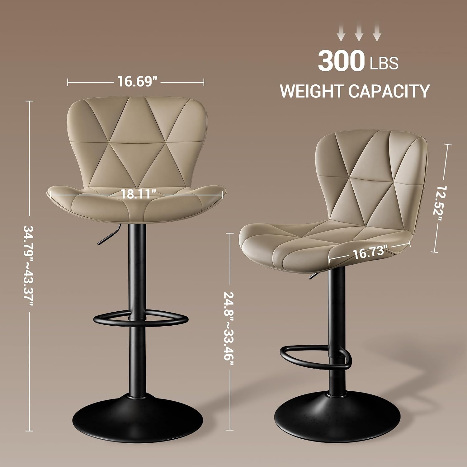 Modern Bar Stools Set of 3, 360°Swivel Counter Height Stools Adjustable Height 24.8"-33.46", Faux Leather Upholstered Kitchen Stools Light Khaki