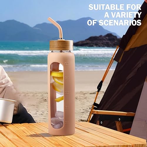 Miniatura 6 de Botella de agua de vidrio de 32 onzas con popote y 2 tapas, bambú y tapa de boquilla, botella de agua deportiva motivacional con funda de silicona y