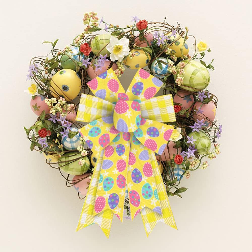 2 Pieces Easter Bows for Wreath, Happy Easter Wreath Bows Yellow Burlap Bows Colorful Eggs Bows Bows for Front Door Easter Spring Birthday Party Decorations - Image 3