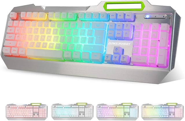 RGB Gaming Keyboard, LED Backlit Keypad UK Layout, 19 Anti-ghosting Keys Multimedia USB Wired Metal Keyboard for PC Games Office (White)