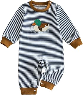 Western Baby Boy Clothes Cowboy Mallard Duck Romper Hunting Jumpsuit | Infant Rodeo Country Hunting Farm Jumpsuit Fall Winter Outfit Gingham Plaid Long Sleeve Crewneck
