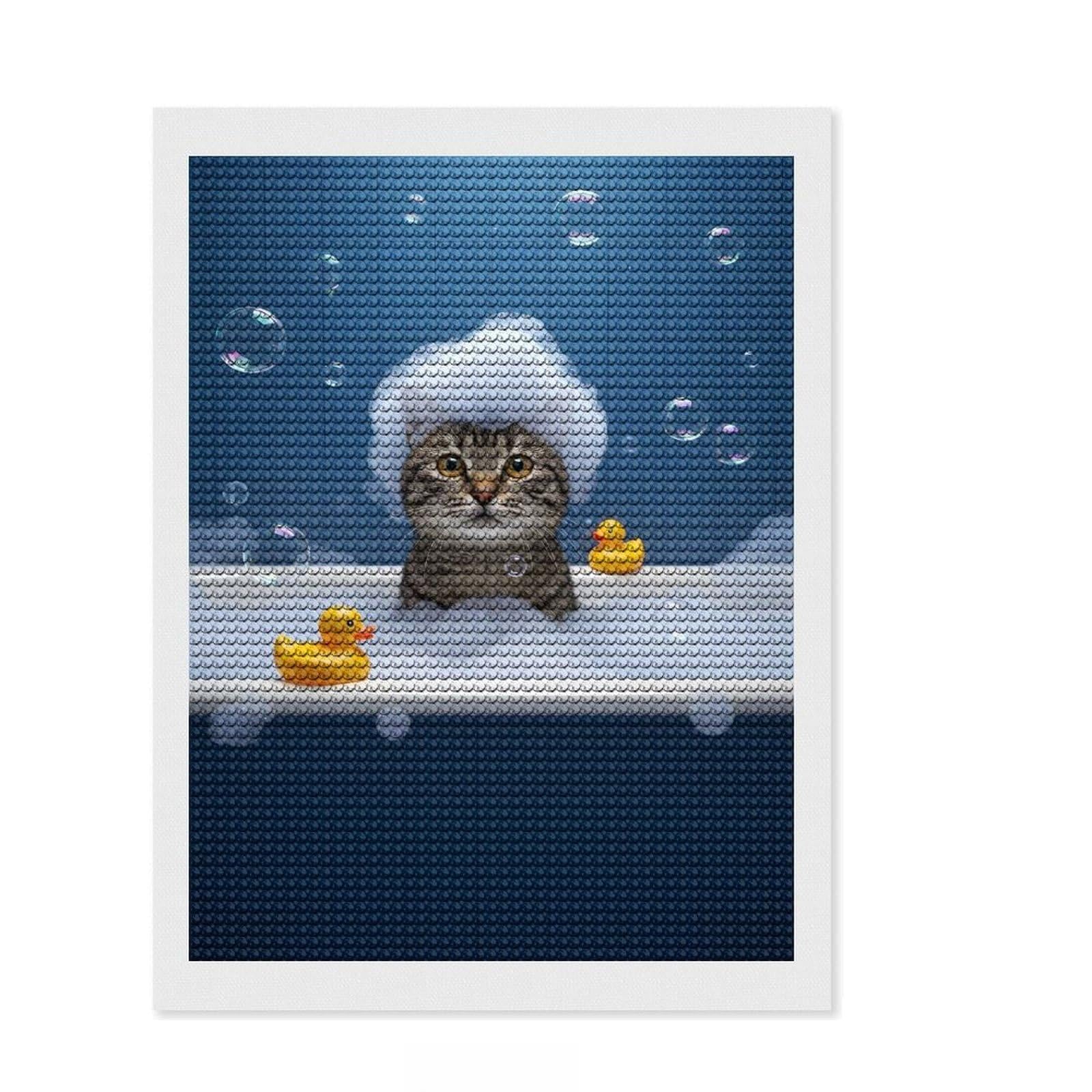 Junmoney Cat in Bathtub with Bubbles Round Drill Diamond Painting 12"x16", Office Decor, for Beginners, Fun Craft Experience, Gift Idea, with Tool Kit