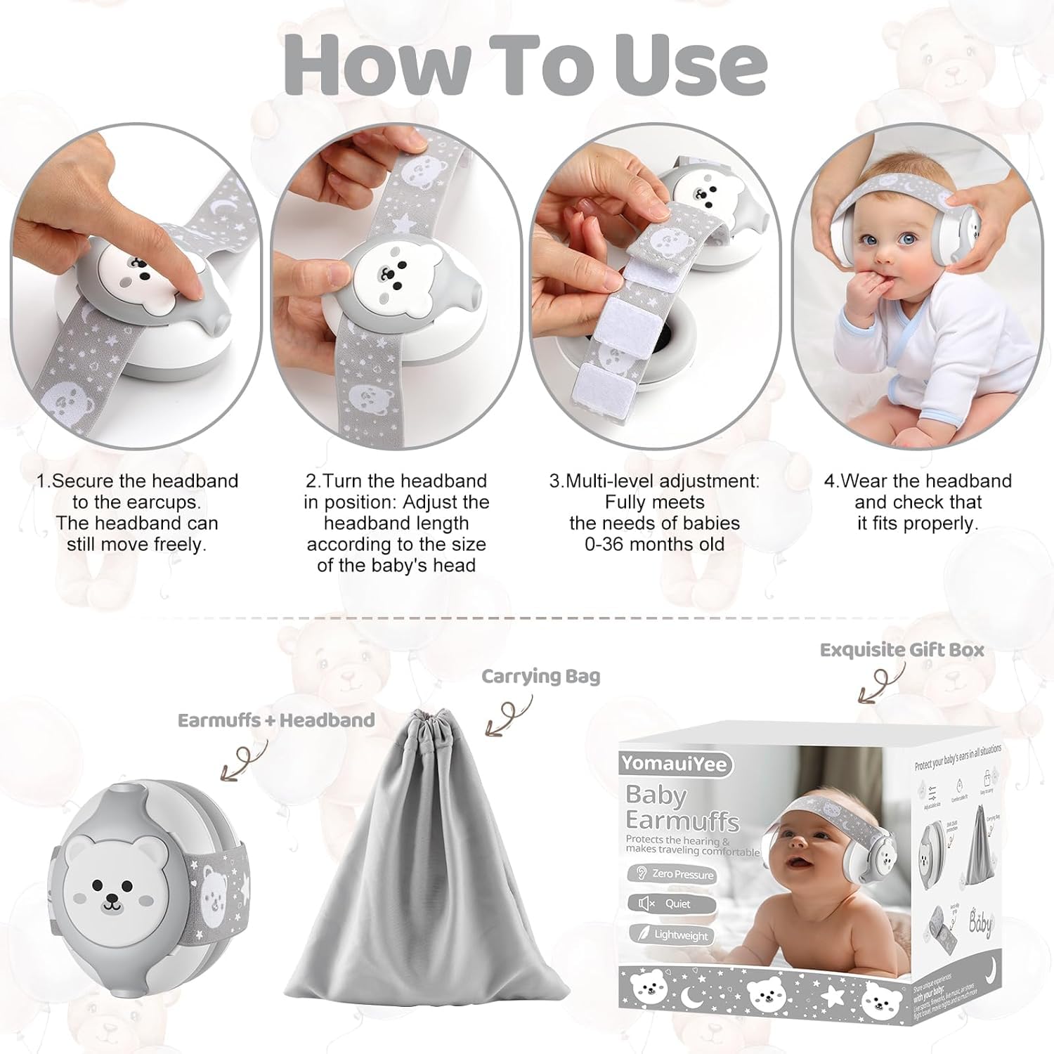 BIGASUO Baby Headphones-Infant Ear Protection for Babies 0-36 Months, 25dB NRR Baby Noise Cancelling Headphones with Little Bear Design,Airplane Essentials for Travel/Improves Sleep/Outdoor (BG37) 3