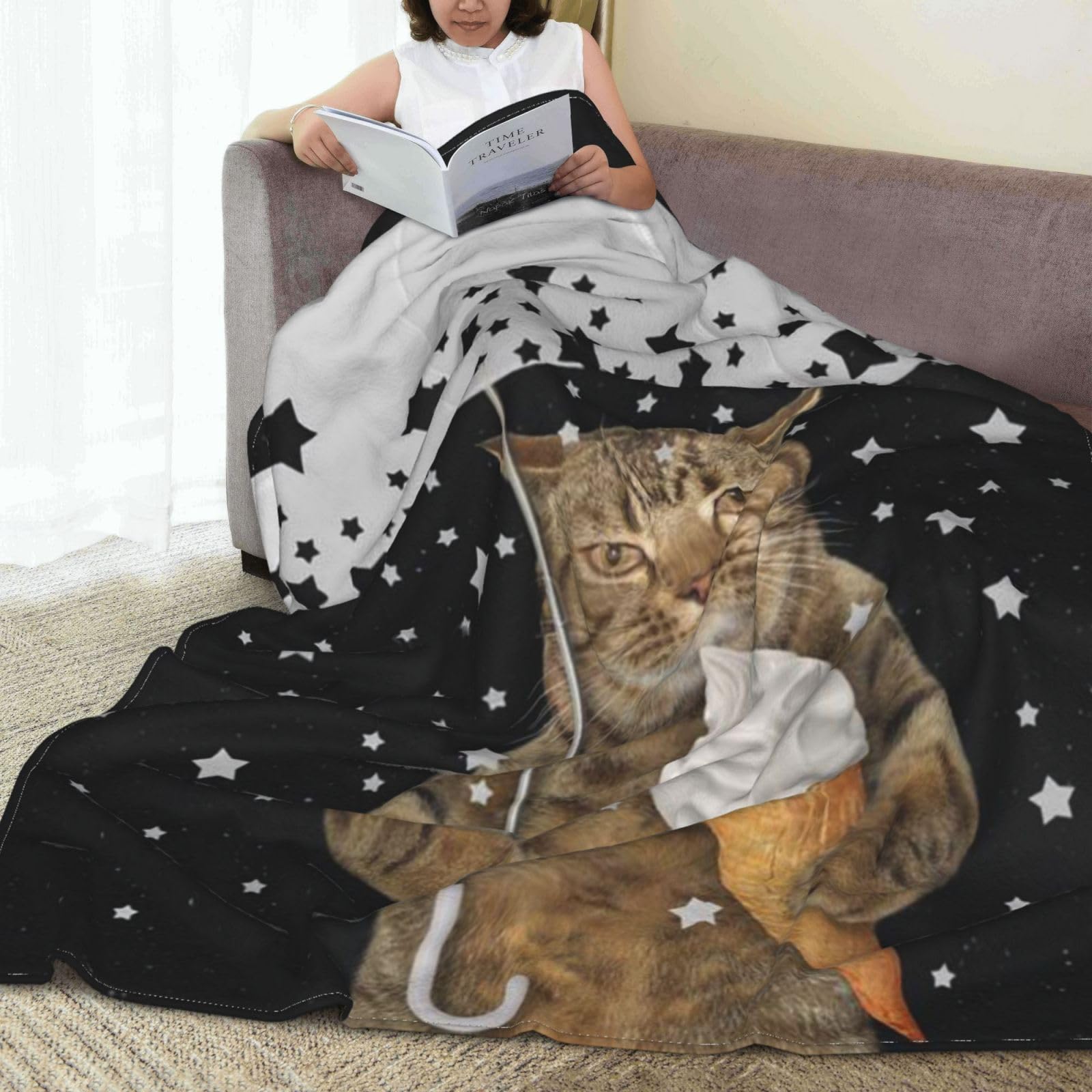 Amazon｜毛布 大判 アイス猫 猫柄 星柄 黒と白の雨がさ ブランケット