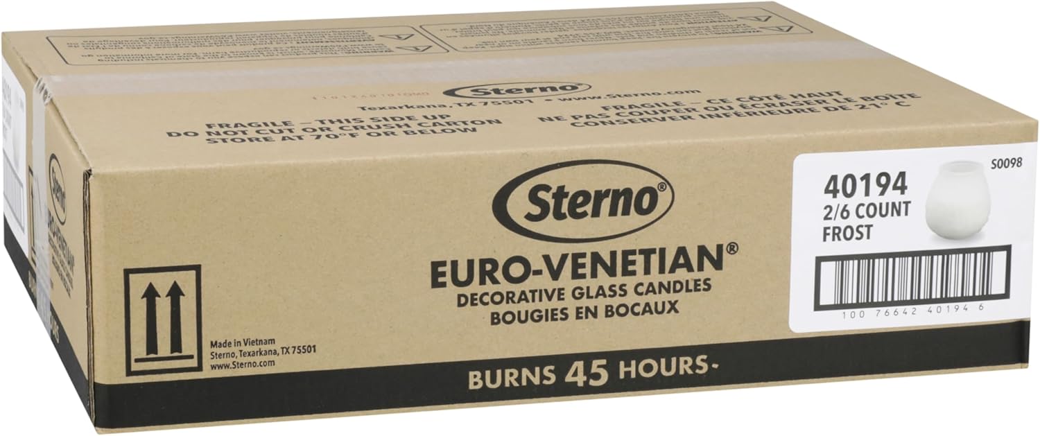 Sterno Euro-Venetian Centerpiece Glass Jar Wax Candles, Decorative Vintage Votive Vintage Holder for Bar or Restaurant, Burns Up to 45 Hours, Pack of 6 - Frost White