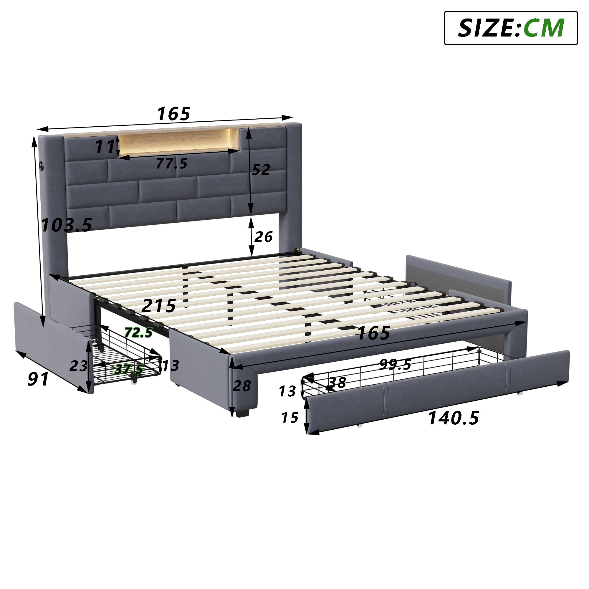 Podwójne łóżko z 3 szufladami, łóżko 160 x 200 z miejscem do spania LED i USB, łóżka z szufladami dla dorosłych i młodzieży, zagłówek z miejscem do przechowywania, łóżko tapicerowane, nowoczesna