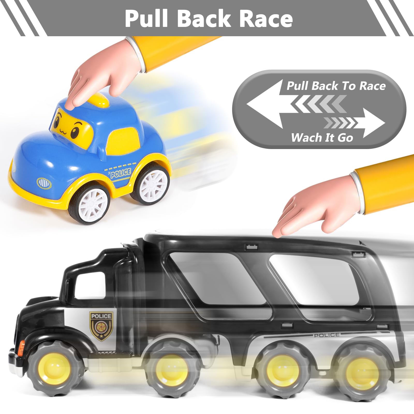 Vautvis Transport Truck Spielzeugautos, Auto Spielzeug Ab 3 4 5 Jahre, Polizeiauto Mit Licht Und Sound, Geschenk Junge 3 4 5 Jahre, Polizei Auto, Kinderspielzeug Geschenke - 4