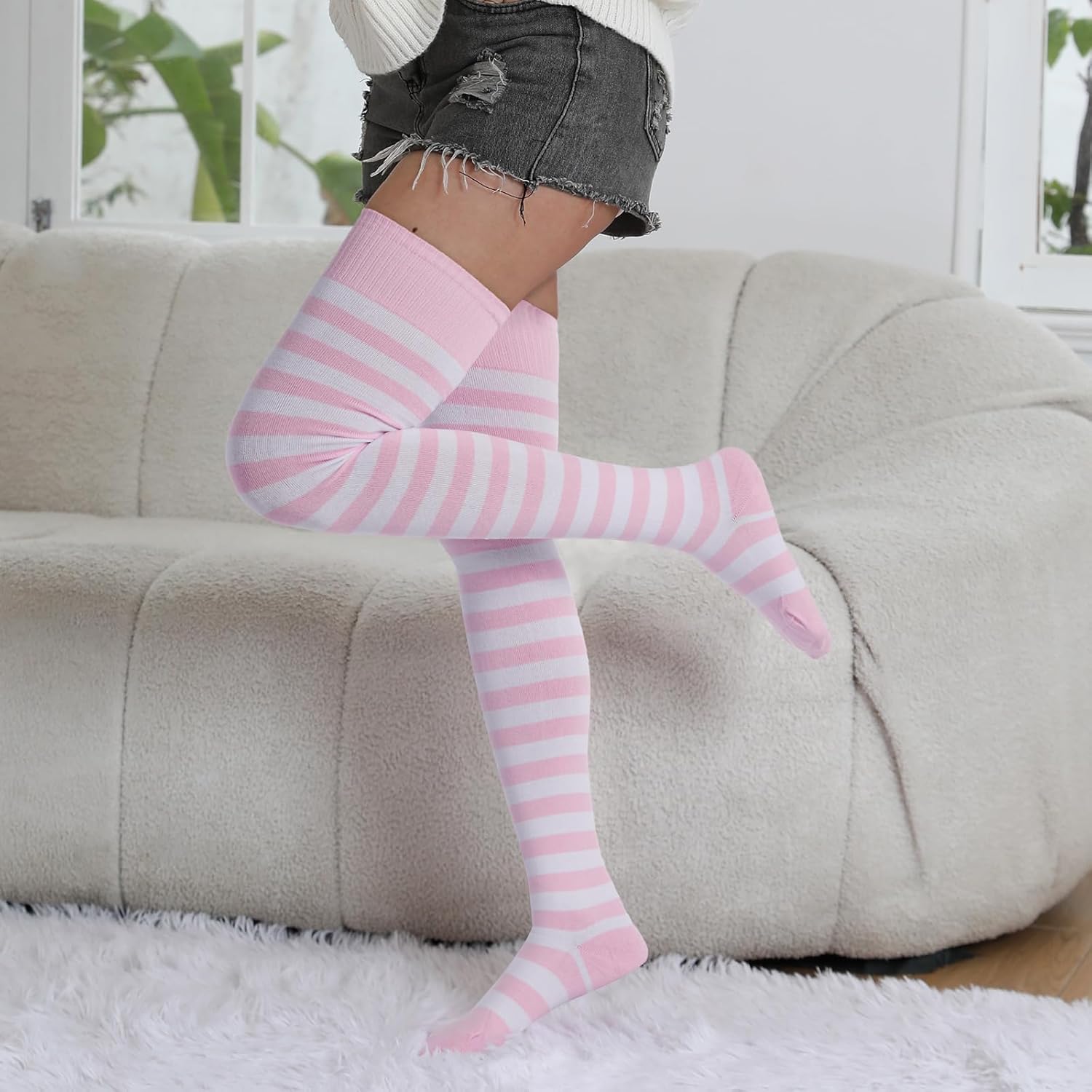 Moon Wood Womens Thigh High Socks Striped Knee High Socks Extra Long Cotton Knit Over the Knee Socks for Halloween - Image 3