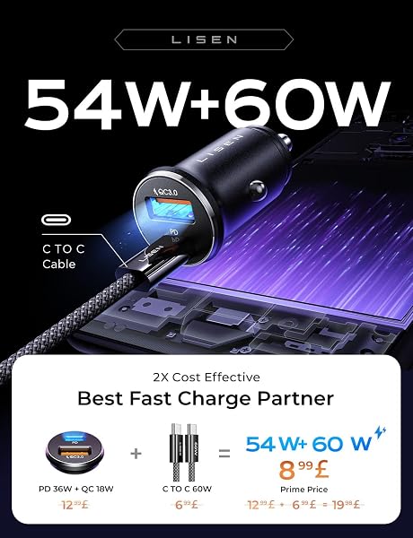 LISEN Car Phone Charger USB C 54W 12V USB Socket [USBC 36W+QC18W] With 60W USB C Cable Car Charger Fast Charge Cigarette Lighter USB Charger Car Accessories for Men for iPhone 17 Pro Max Samsung S25 - 4