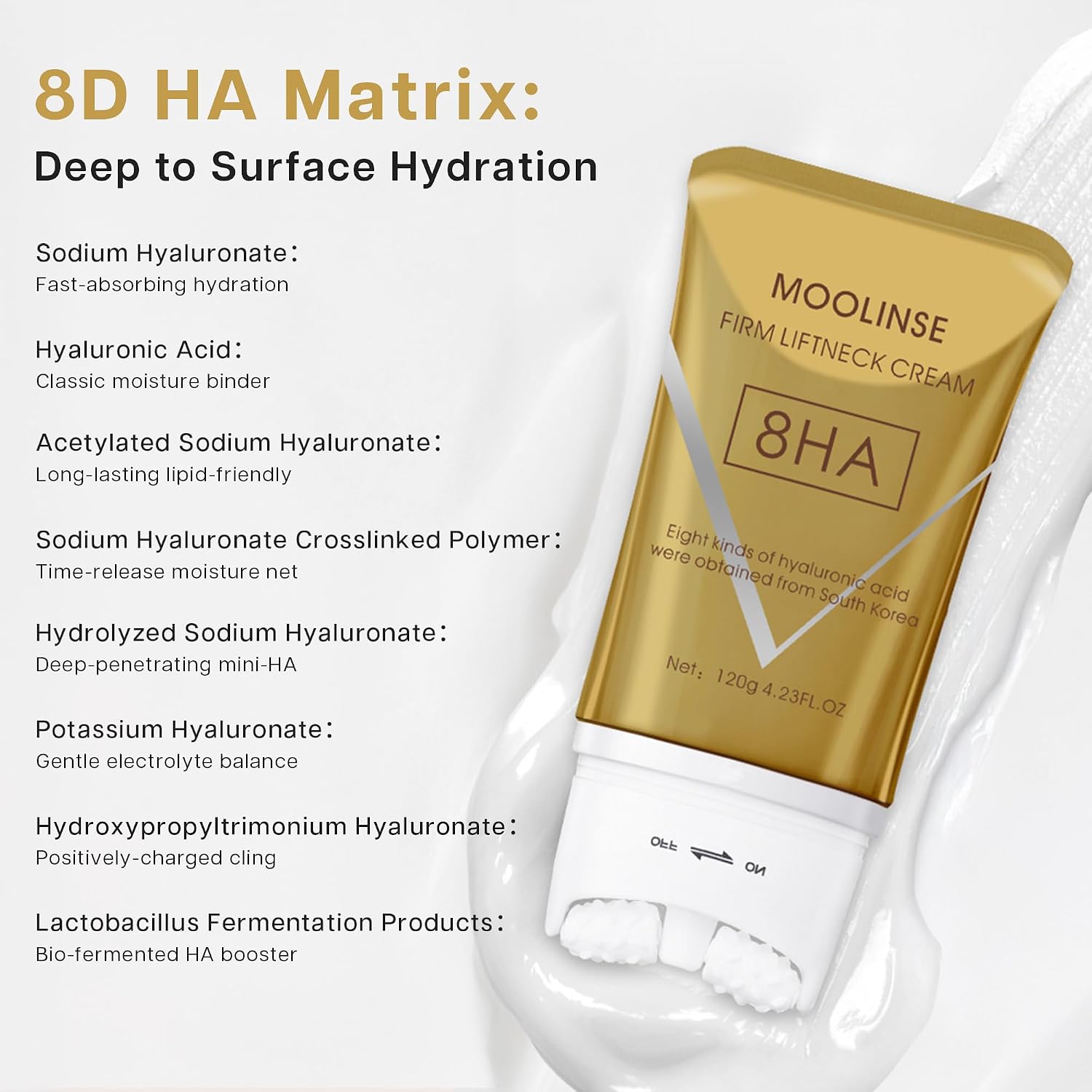 VRAIKO MOOLINSE Gua Sha Neck Cream, 8HA Firming Cream Moisturizer for Neck & Jawline Lifting with 8 Types of Hyaluronic Acids, Boosting Firmness, Elasticity, Deep Hydration, 4.23 oz image 4
