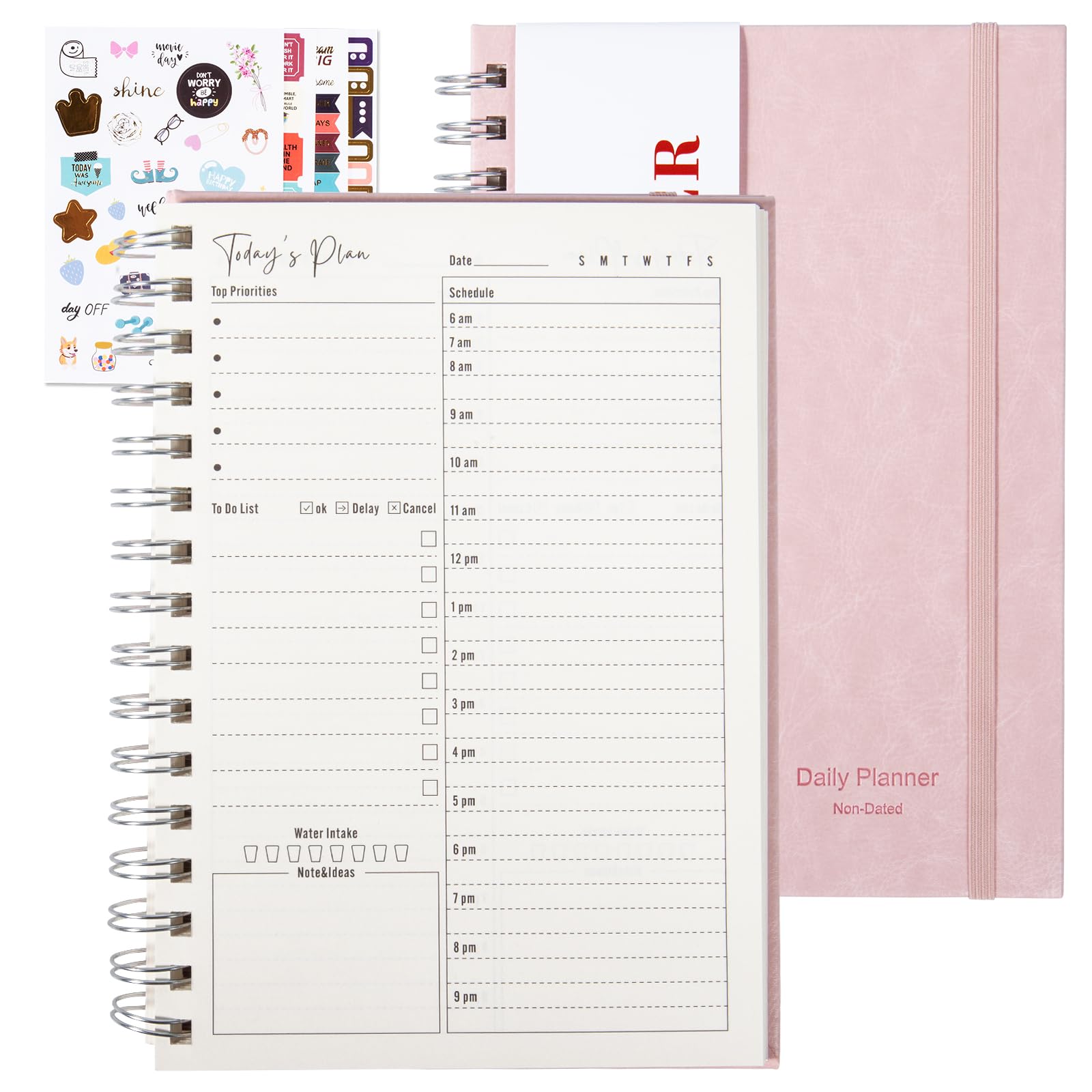 Leather Daily Planner Undated, To Do List Laptop Hourly Schedule Spiral Appointment Plan, Elastic closure, Inner Pocket 8.3 inches x 5.7 Inches (A5-Pink)