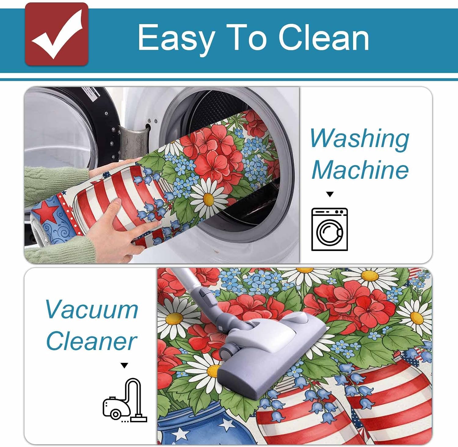 Prime Leader Independence Day Kitchen Mat Set 2 Pieces Red Blue Floral Vase Star Heart Beige Non Slip Kitchen Rugs Washable Runner Rug Mats for Sink Laundry (19.7" x 31.5"+19.7" x 47.2")