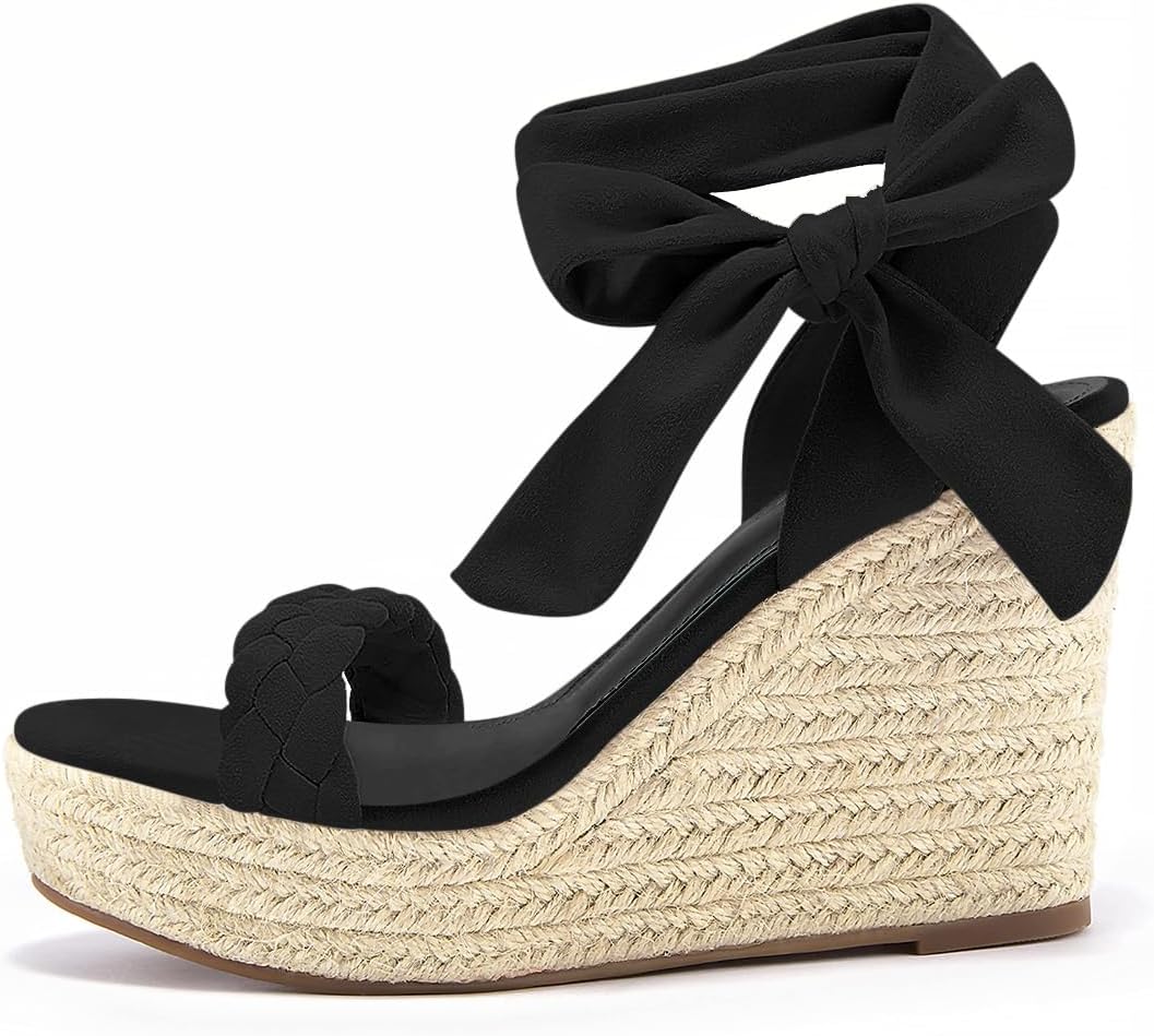 Syktkmx Womens Braided Wedge Espadrille Sandals Lace Up Slingback Open Toe Summer Platform Heeled Shoes - Image 5