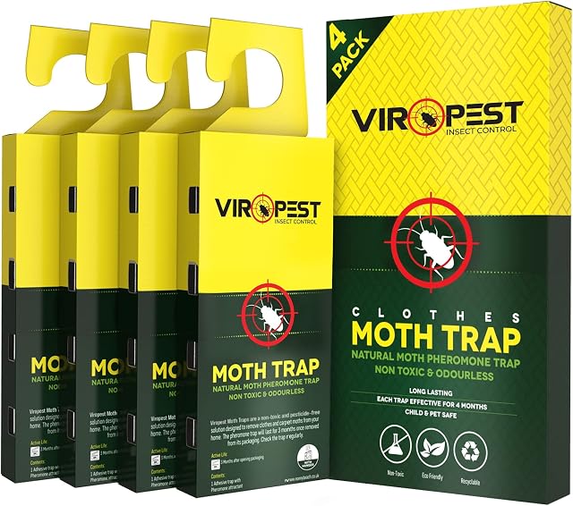 Moth Traps (4 Pack) for CLOTHES, CARPETS, WARDROBES & DRAWERS. Irresistible sticky pheromone glue board attracts and kills CLOTHES and CARPET MOTHS | Non-Toxic, Odour-Free, Safe for Children & Pets