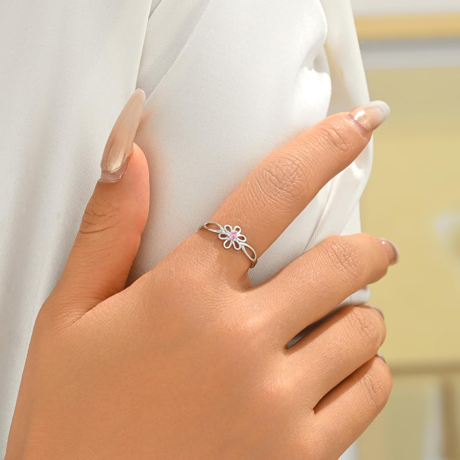 925 Sterling Silver Dainty Flower Ring for Women, Sparkling Pink Cubic Zirconia Crystal Cherry Blossom Ring for Mother Daughter Cute Birthstone Rings Wedding Statement Mother's Day Jewelry Gifts Size 6-9