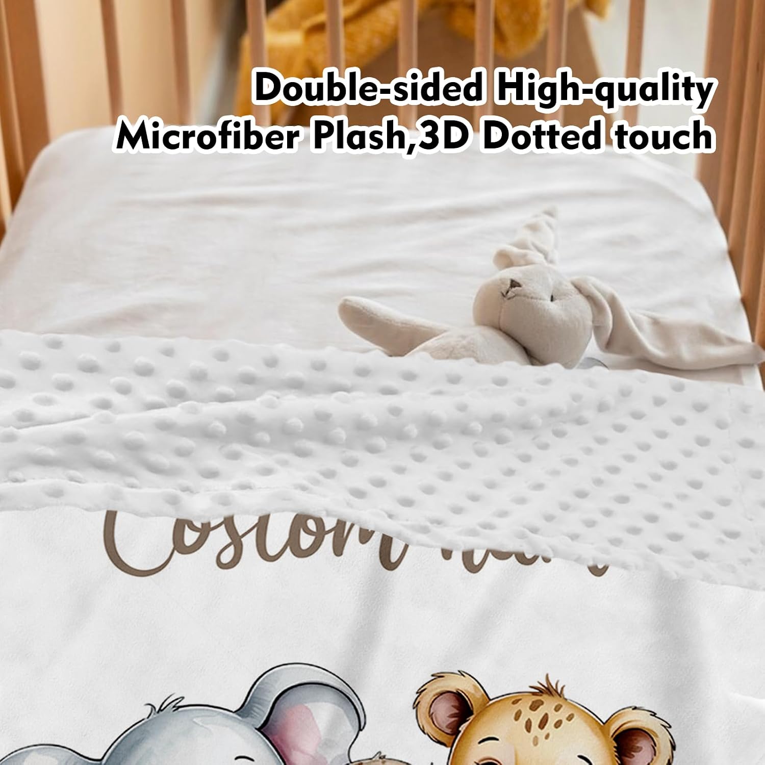 Personalized Baby Crib Bedding Set for Boys Girls, Custom Name Crib Set 4 Pcs - Minky Blanket, Fitted Crib Sheet, Nursery Rug & Wall Art, Elephant Tiger Pattern for Modern Baby Nursery Décor