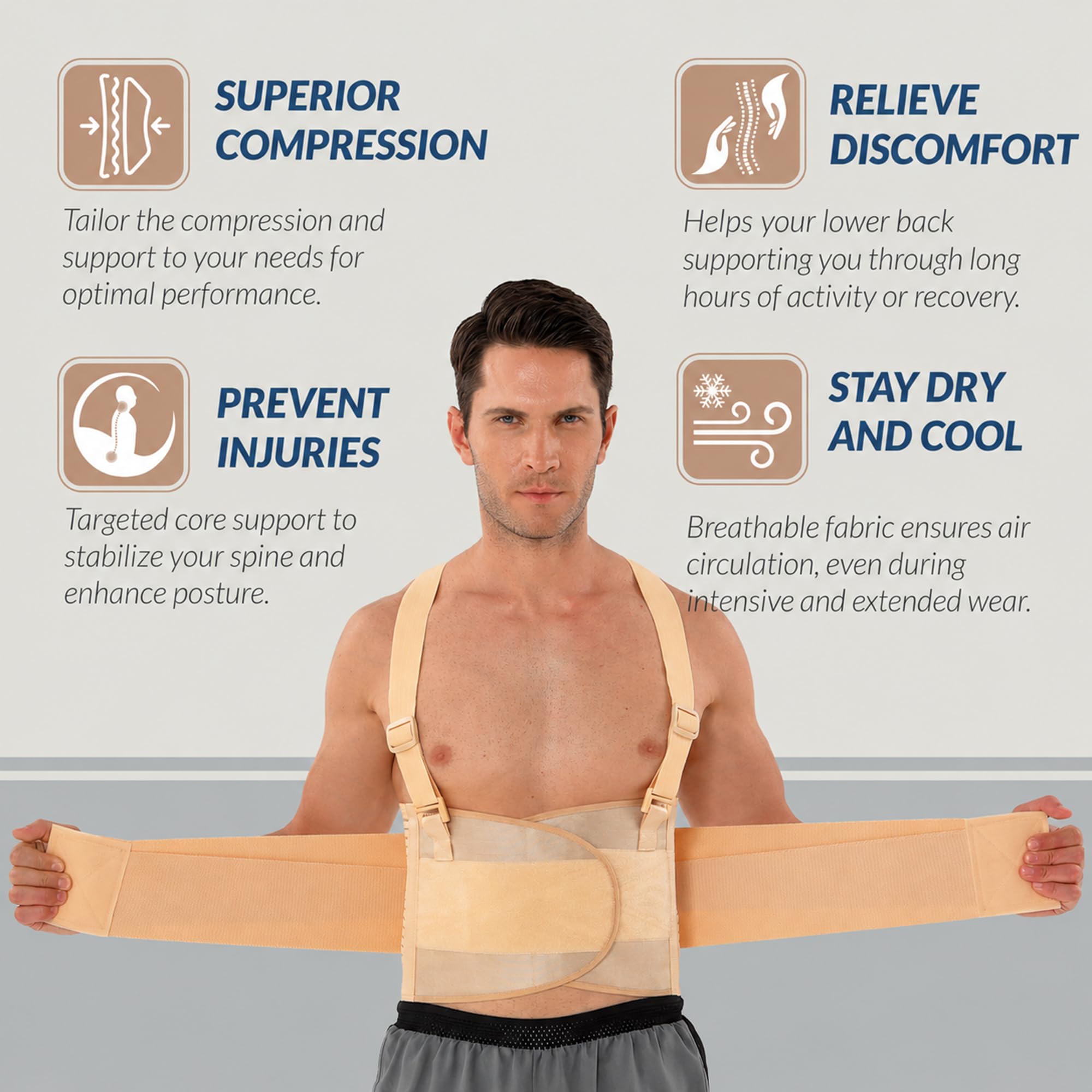 NEOtech Care Lendenstütze mit Trägern - Verstellbar - Abnehmbare Schultergurte (Beige, XL)