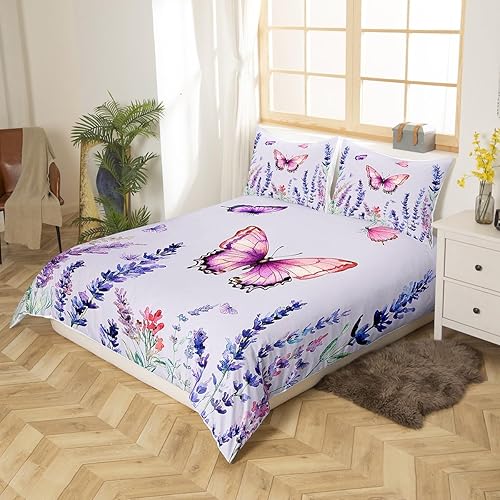 Miniatura 2 de Manfei Juego de funda de edredón de color lavanda, tamaño matrimonial, juego de ropa de cama de 3 piezas con flores moradas y mariposas para niños y