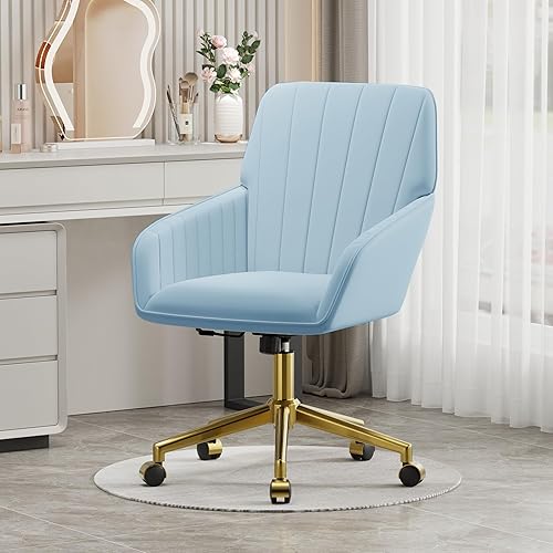 Miniatura 7 de YISHENG - Silla de escritorio de terciopelo para oficina con base dorada, con ruedas, sillas tapizadas modernas ajustables en altura con giro de 360