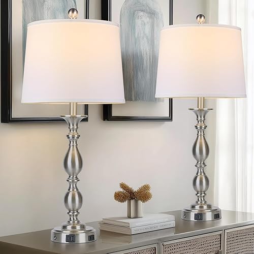 Miniatura 8 de Juego de 2 lámparas de mesa modernas de 28 pulgadas de alto con puertos USB A+C y salida de CA, lámparas de noche de metal táctiles de 3 vías para