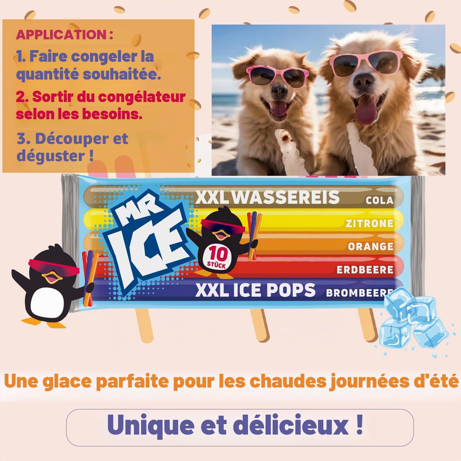 MR ICE Wassereis XXL 30 x 600ml | 300 x bâtonnets de glace aux fruits avec 60ml chacun - Gros paquet de bâtonnets de glace avec 5 x saveurs | à congeler