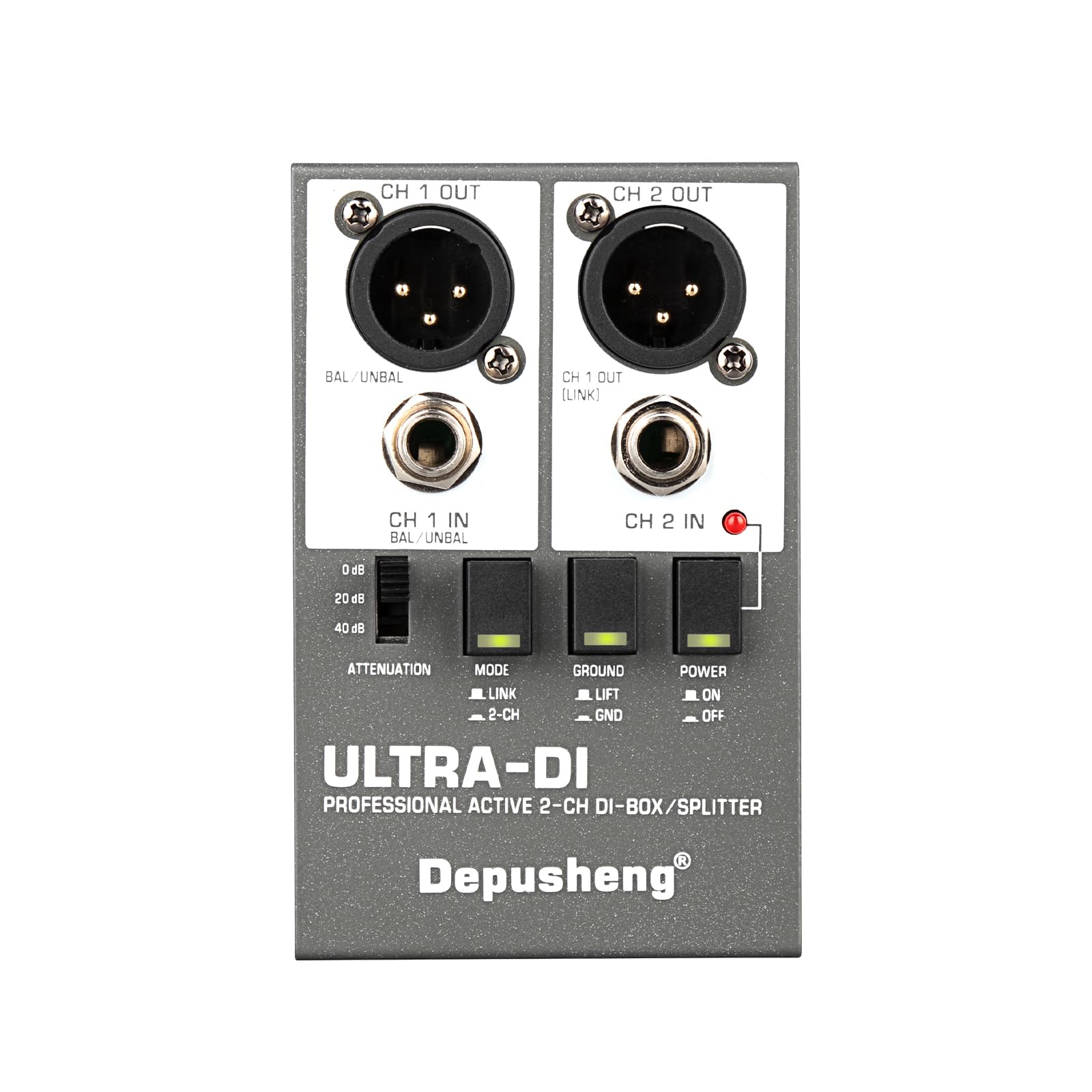 Depusheng Ultra-DI Di2 Professional Active DI-Box/Splitter a 2 canali con attenuatore di ingresso per collegare chitarra e basso, connettore bilanciato e sbilanciato, alimentazione 48V supportata