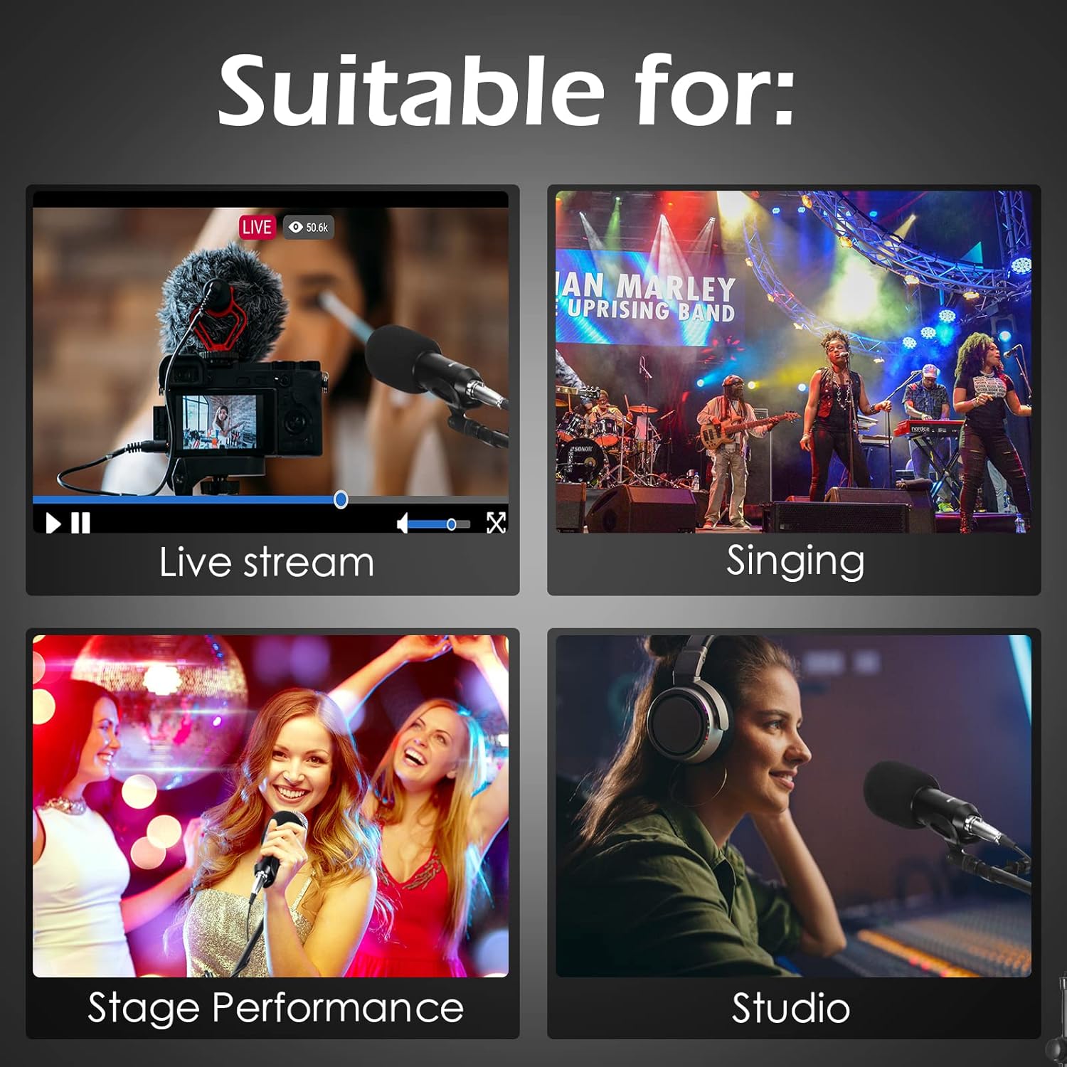 Sherr 2 Pcs Microphone Stand Boom Bulk, Adjustable Height Tripod Mic Stand with Dual Clip, Black Foldable Universal Heavy Duty Tripod Holder for Live Stream Singing Stage