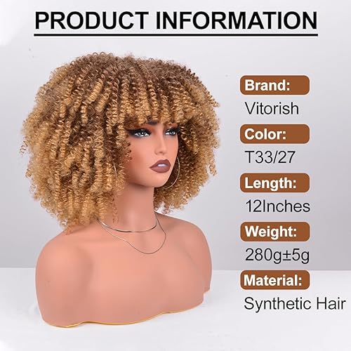 Miniatura 3 de Pelucas afro rizadas de 12 pulgadas para mujeres negras, peluca rizada tipo afro con flequillo de aproximadamente 9.88 oz, de cabello sintético sin