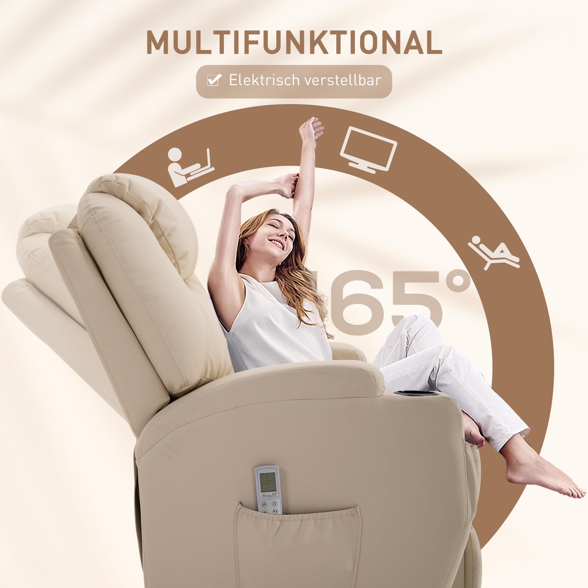 HOMCOM elektrischer Massagesessel Relaxsessel Fernsehsessel Massagefunktion Liegefunktion Kunstleder Holz Metall Schaumstoff Beige 82 x 97 x 110 cm