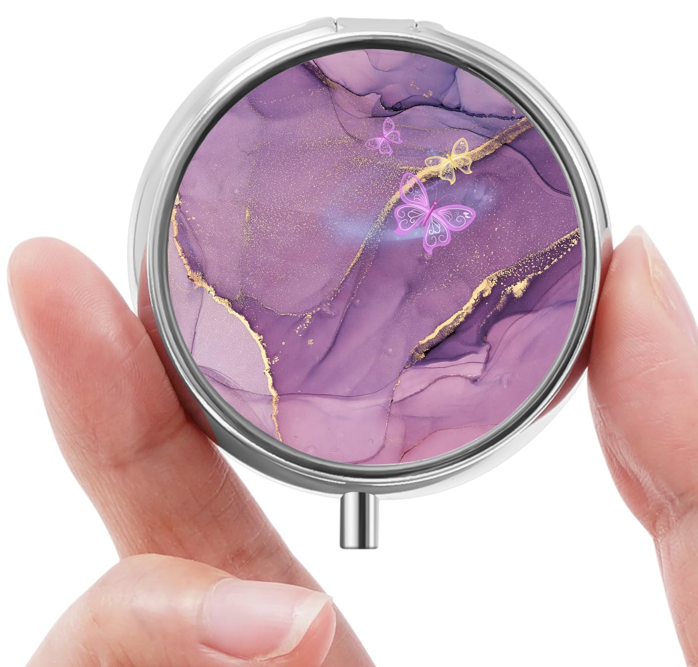 Mini Pill Box, Small Pill Box, Portable Pill Box, Cute Pill Organizer for Vitamins, Medications, Fish Oil and Supplements (Purple Marble)