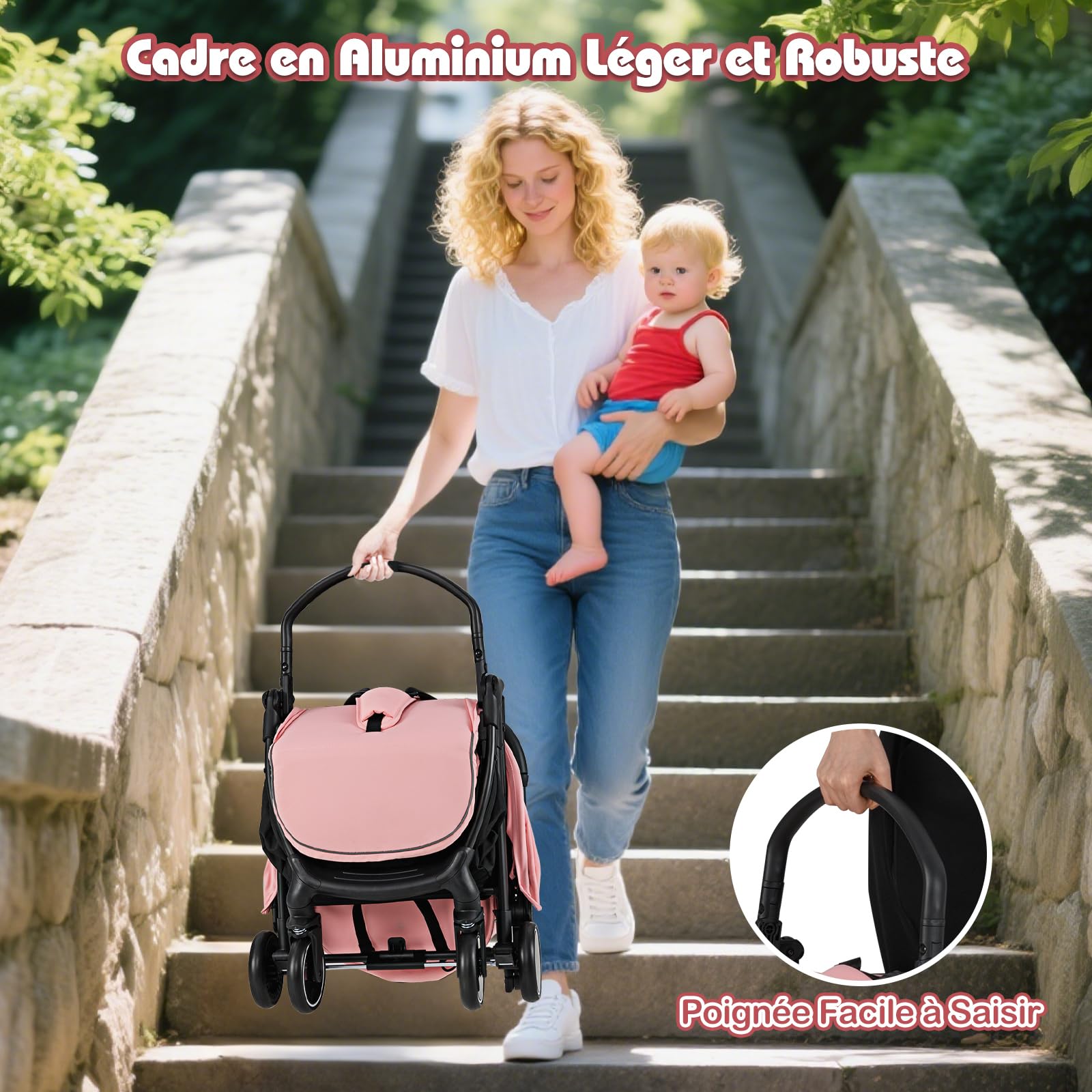 GOPLUS Poussette Canne pour 0-3 Ans, Charge 15KG, Pliable en 1 Bouton, Poussette Bebe Légère et Compacte avec Double Frein, Dossier Réglable, Sangle de Sécurité en 5 Points (Rose)