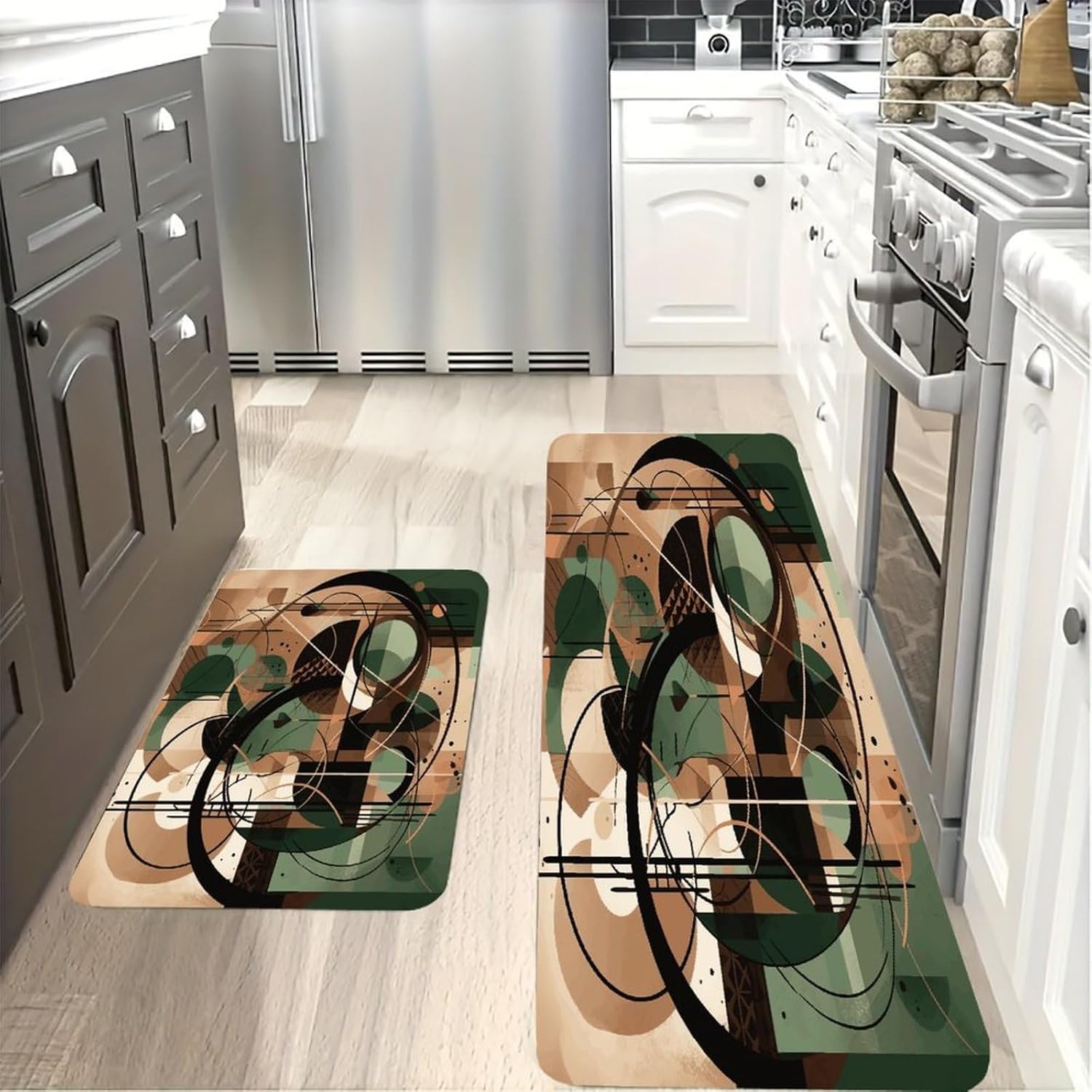 Green Circle Pattern Kitchen Mats with 2PCS Non-Slip Washable,Kitchen Rug Heavy Duty Durable, Floor Mats for Kitchen,Office,Sink,Laundry
