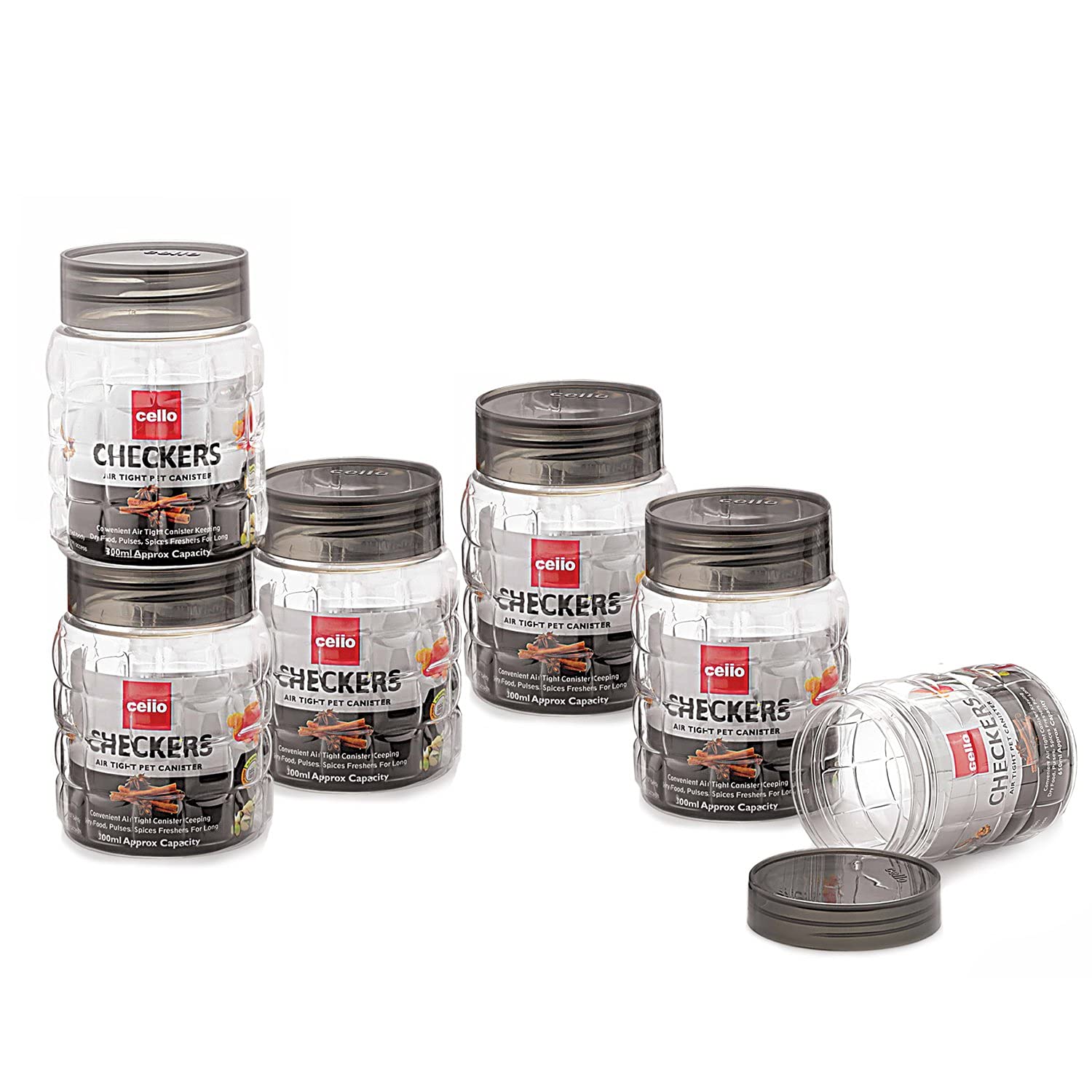 Cello Checkers Pet Plastic Airtight Cancel Set | Food Grade and BPA Free Conservations | Durable and Shaterproof Body | Air Tight Seal and Stacable | Free from any kind of smell. Transparent | 300 ml, set of 6 Cello Checkers Pet Plastic Airtight Cancel Set | Food Grade and BPA Free Conservations | Durable and Shaterproof Body | Air Tight Seal and Stacable | Free from any kind of smell. Transparent | 300 ml, set of 6