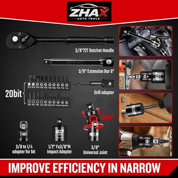 ZHAX 3/8インチドライブ6ポイントインパクトソケットセット、72個標準SAE5/16インチ~3/4インチ&メトリック8-22mmスパークプラグ付き、ディープ&シャロー、72Tレンチラチェットツールキット、Cr-V ヘビーデューティー収納ケース付き
