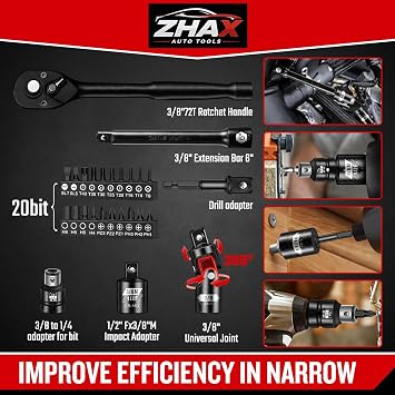 ZHAX 3/8インチドライブ6ポイントインパクトソケットセット、72個標準SAE5/16インチ~3/4インチ&メトリック8-22mmスパークプラグ付き、ディープ&シャロー、72Tレンチラチェットツールキット、Cr-V ヘビーデューティー収納ケース付き