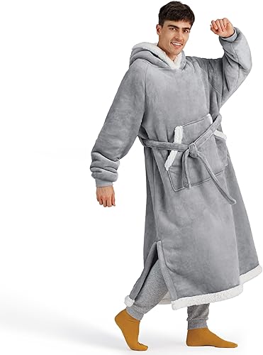 Bedsure Sudadera de manta de largo recorrido - Sudadera de manta con capucha de gran tamaño con división lateral y cinturón, cálida chaqueta de