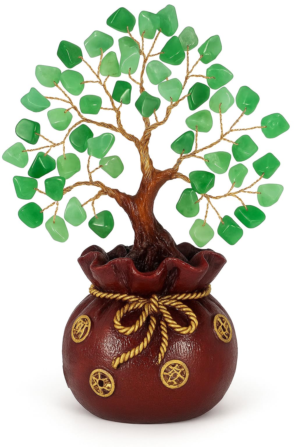 Green Aventurine Feng Shui Money Tree with Money Bag Base – 20cm Crystal Gemstone Tree for Wealth & Prosperity – Handmade Bonsai Decor for Home or Office