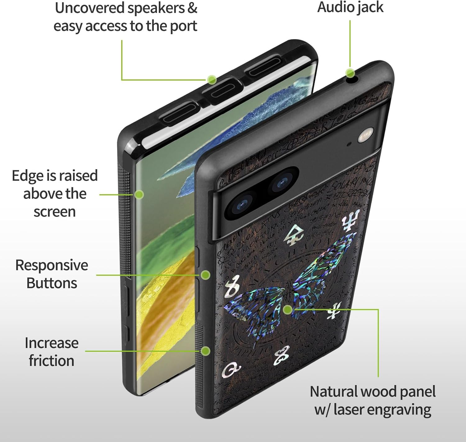 Carveit Designer Wooden Case for Google Pixel 7a Case [Wood Engraving & Shell Inlay] Compatible with Wireless Chargers Pixel 7a (Papilio machaon-Blackwood)