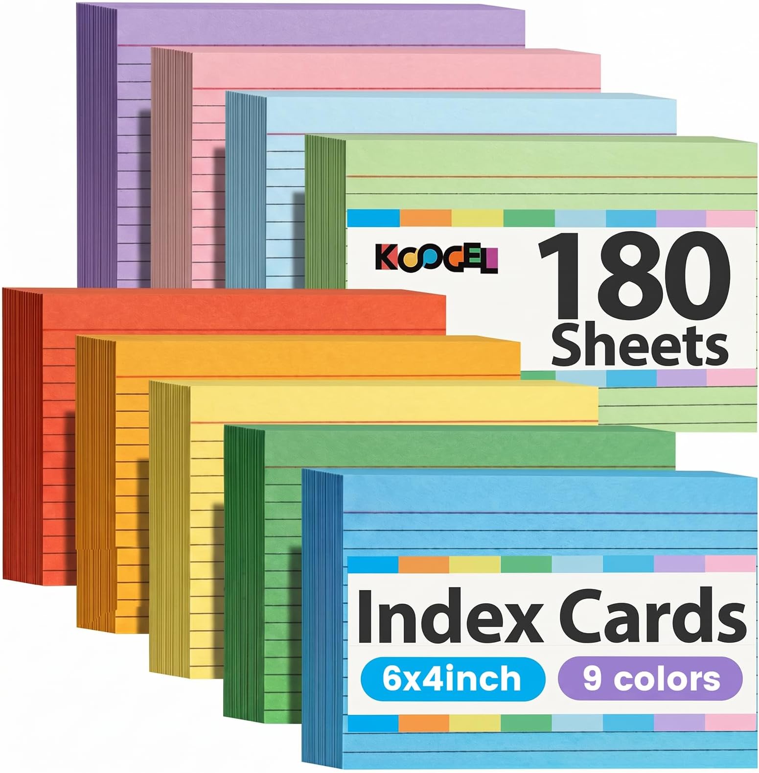 Koogel Index Cards 4x6 Inch, 180 Count, Colored Large Flash Card for Studying, Heavy Notecard Note Taking for School Students Teachers College Office Home Supplies, 9 Assorted Colors