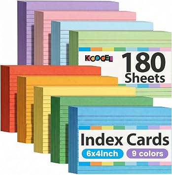 Koogel Index Cards 4x6 Inch, 180 Count, Colored Large Flash Card for Studying, Heavy Notecard Note Taking for School Students Teachers College Office Home Supplies, 9 Assorted Colors
