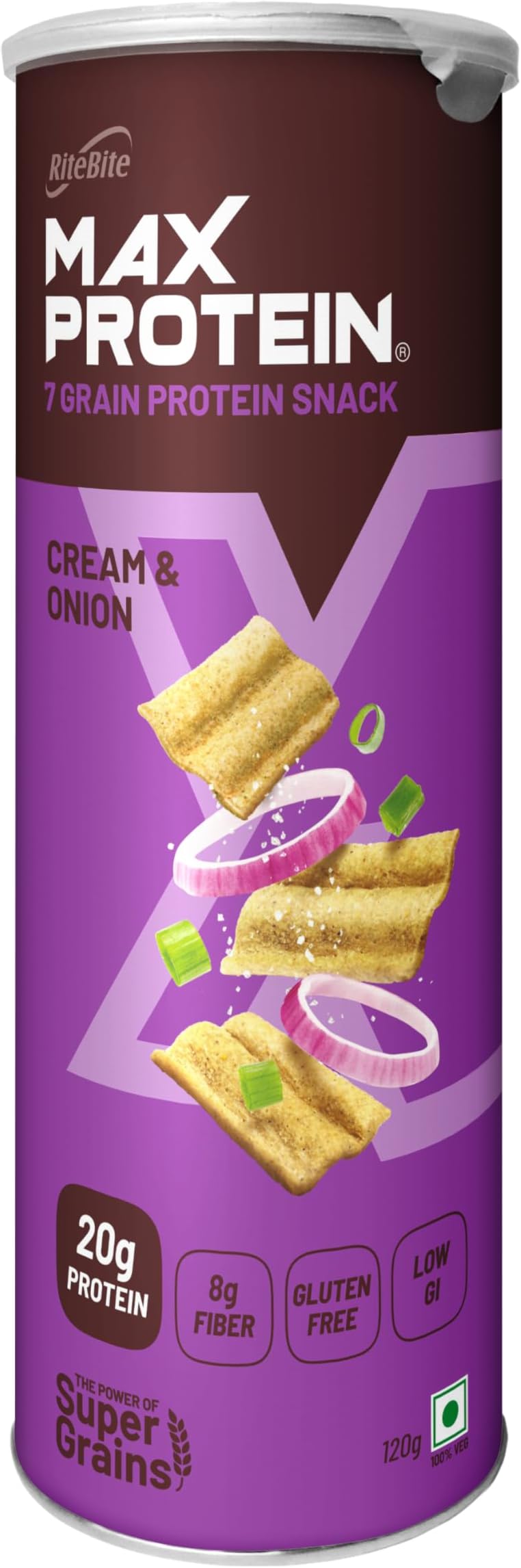 RiteBite Max Protein Chips Cream & Onion | With 20g Protein, 8g Fiber, Low Gi, Gluten Free, Made with Sorghum, Quinoa, Oats, Ragi | No Preservatives, 100% Vegetarian Healthy Protein Snack, 120g
