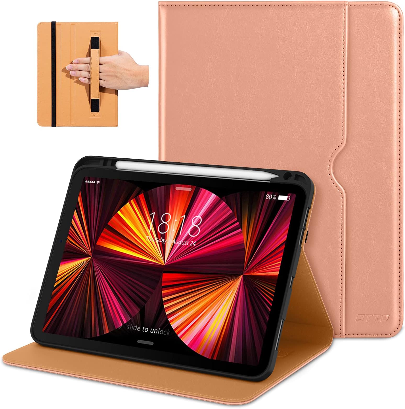 DTTO Case for iPad Pro 11 Inch 4th/3rd/2nd/1st Generation 2022/2021/2020/2018,Premium PU Leather Folio Stand Cover with Hand Strap,Fit iPad Air 4/5 - Auto Wake/Sleep,Multiple Viewing Angles, Rose Gold