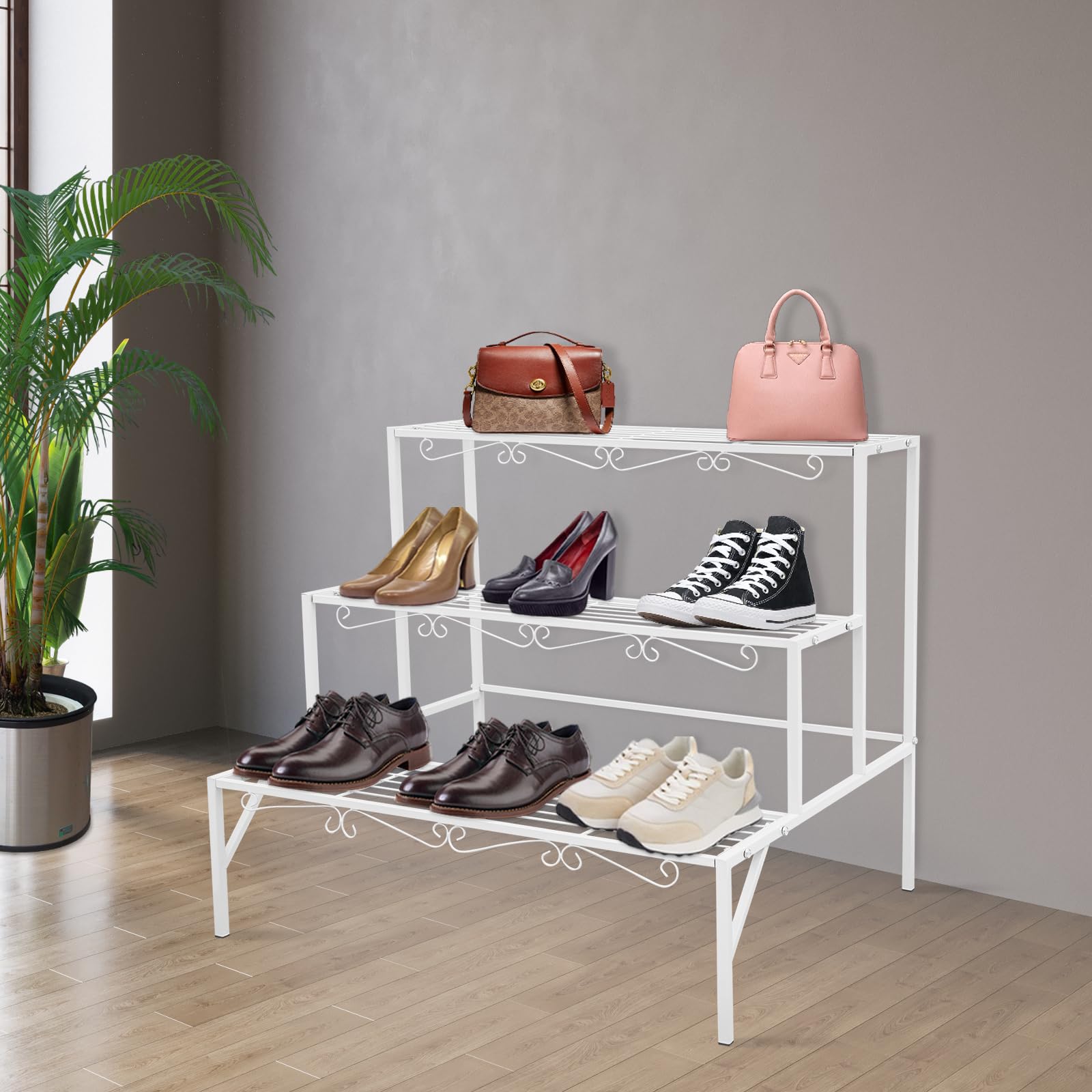 Support pour Plantes en Métal 3 Niveaux, Étagère Échelle à Fleurs, Charge 20 kg par Niveau, Patins Antidérapants, Présentoir Plantes Pour Balcon, Terrasse, Jardin et Intérieur (Blanc)
