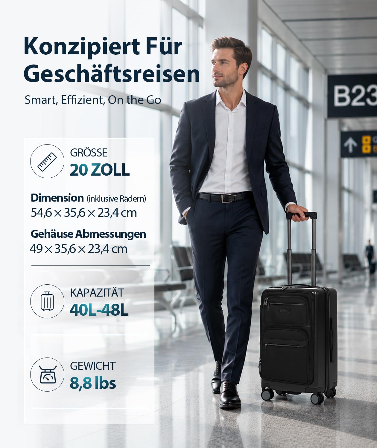 EMPSIGN Handgepäckkoffer 20 Zoll mit Seitenöffnung | Erweiterbarer Trolley mit Leisen Rollen und TSA-Schloss, Business Handgepäck Schwarz