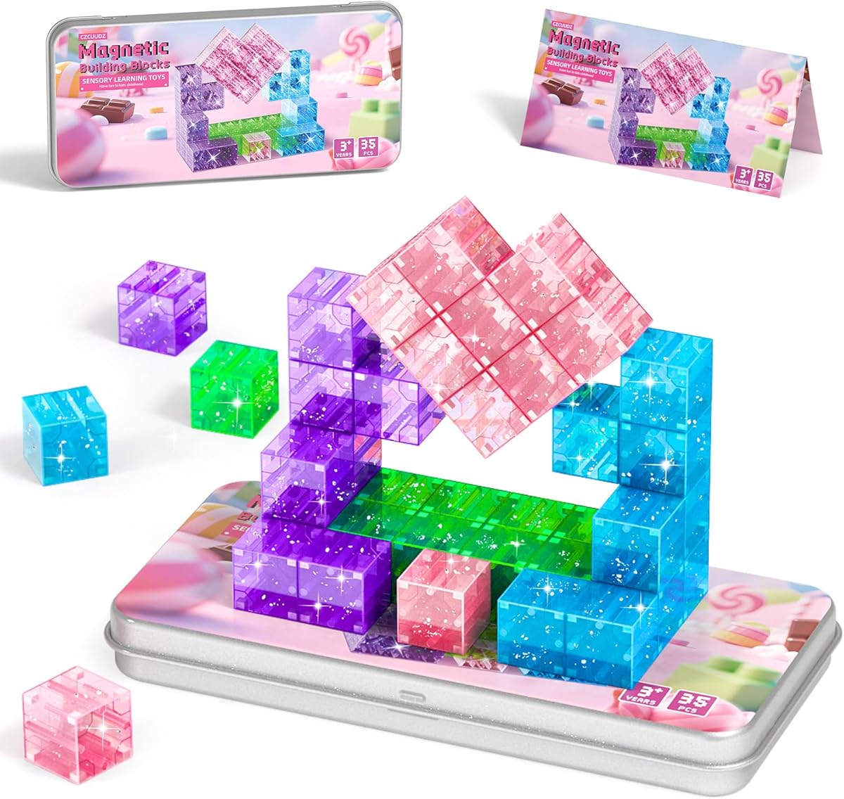 Magnetic Blocks Travel, 35PCS Mini Magnetic Blocks for Toddlers, STEM Building Cubes with Portable Iron Box, Magnetic Building Blocks for Kid Ages 3 4 5 6 7 8 Christmas Birthday Gifts, Glitter