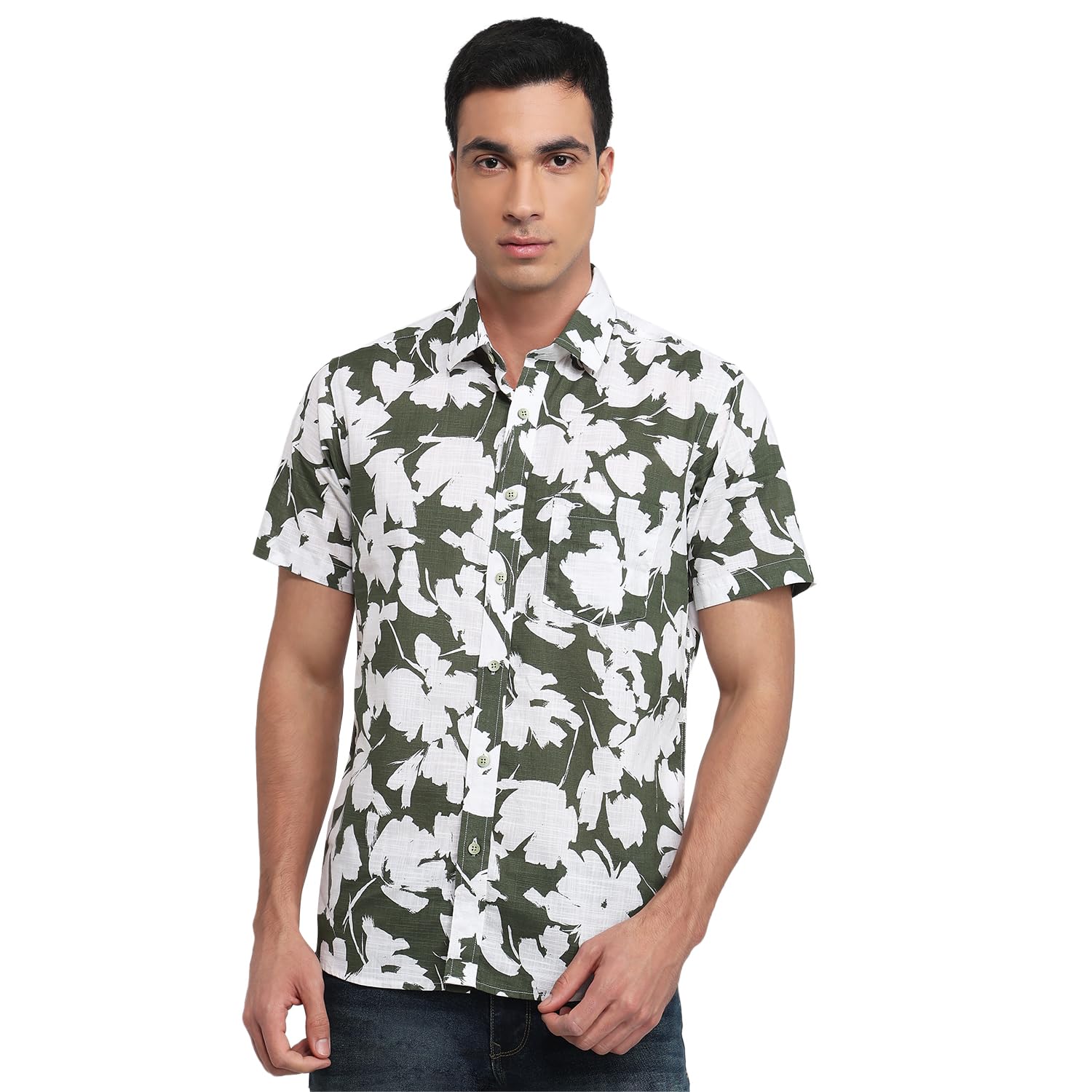 Men Regular Fit Print Pattern Pure Cotton Plain Collar Half Sleeve Casual Shirt-image-35