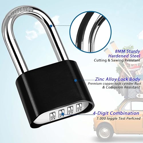 Miniatura 5 de Cerradura de combinación de 4 dígitos, candado de metal resistente, cerraduras de aleación para exteriores con grillete largo de acero endurecido,