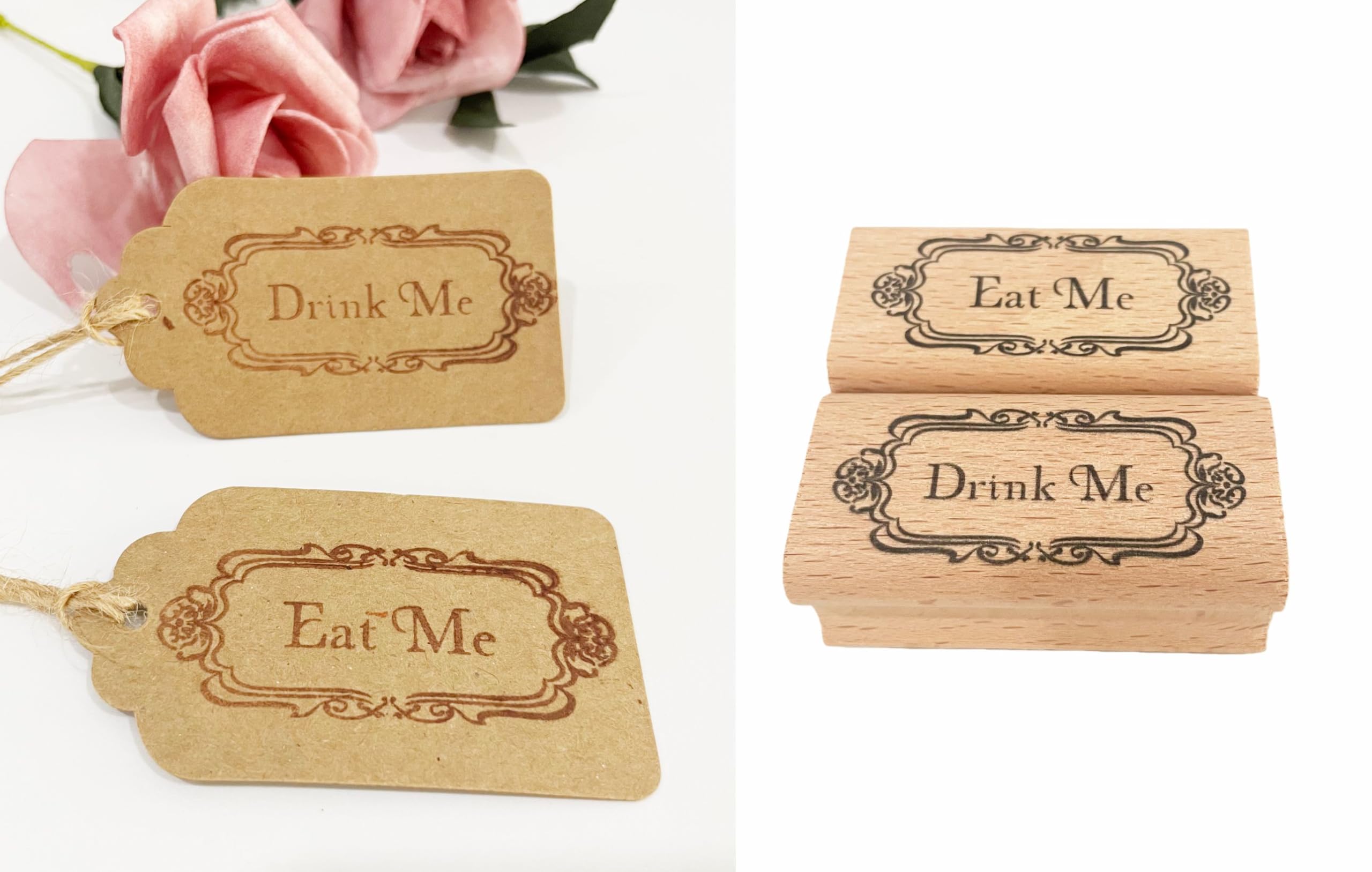 Wooden Rubber Eat me Drink me Stamp -for Alice in Wonderland Party Tags, Labels, Favors Tea Party Mad Hatter (Eat Me+Drink Me)