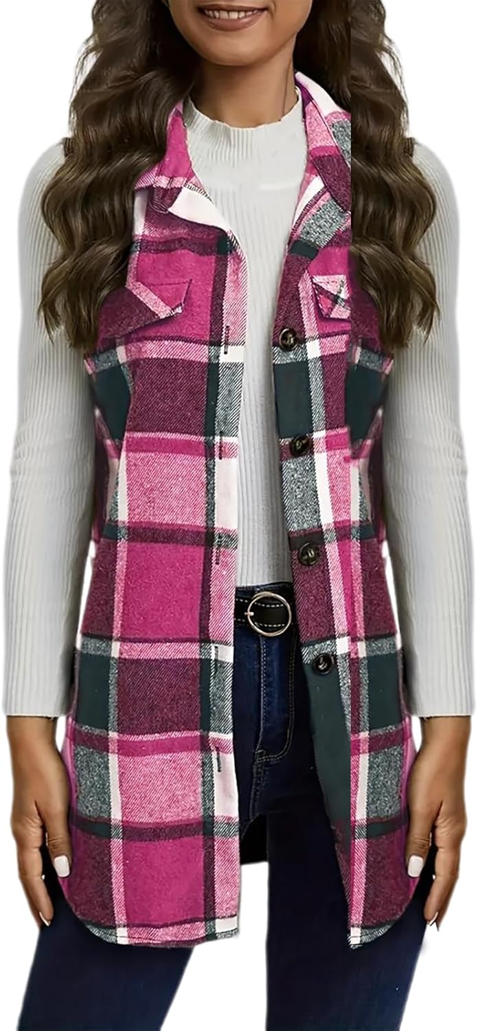 Women Fashion Plaid Vest Sleeveless Button Lapel Long Waistcoat Jacket Casual Outing Family Camping Coat with Pocket