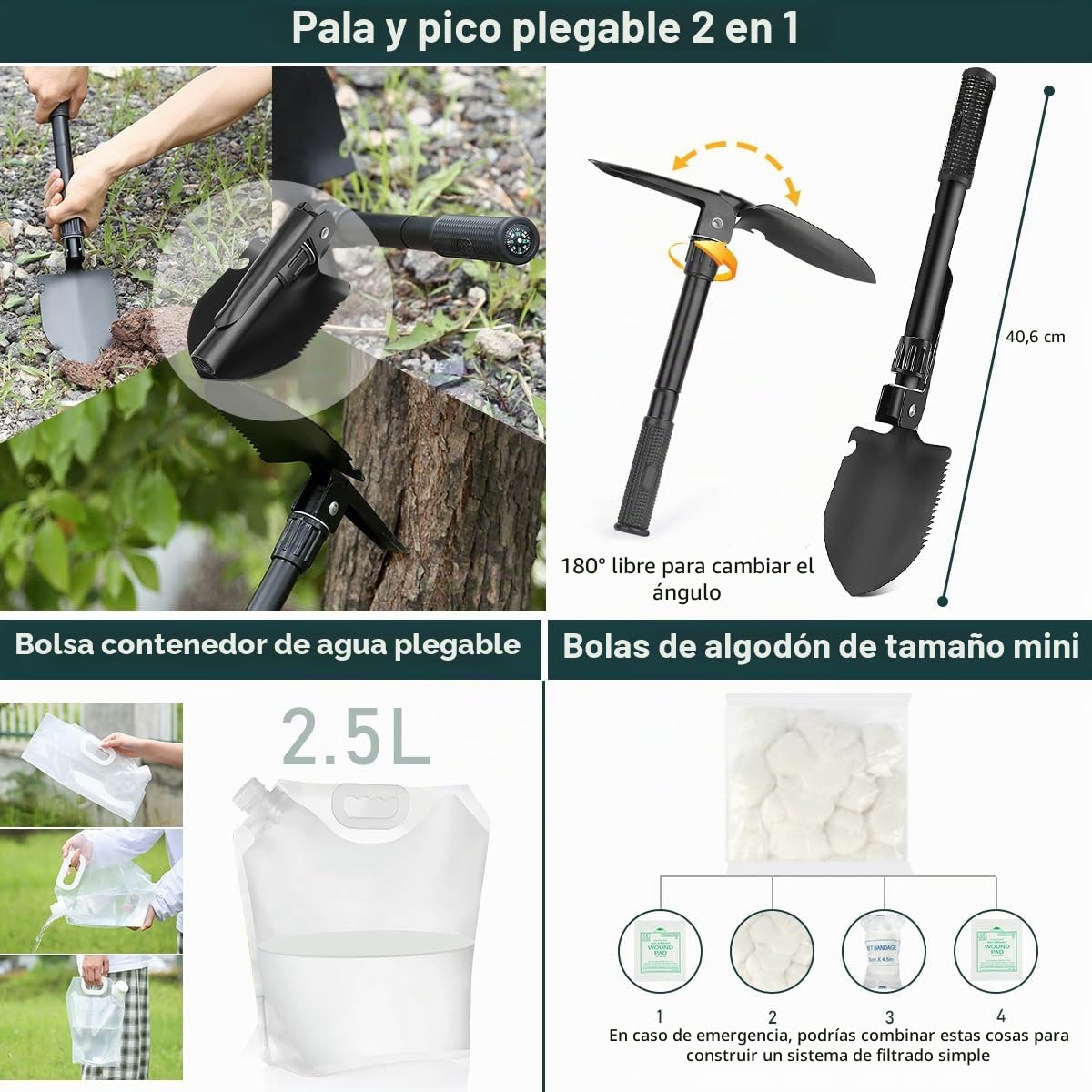 Kit de supervivencia, 262 piezas de equipo de supervivencia y suministros con bolsa de primeros auxilios y bolsa cruzada, kit de emergencia con tienda de campaña, martillo de hacha de camping, pala de